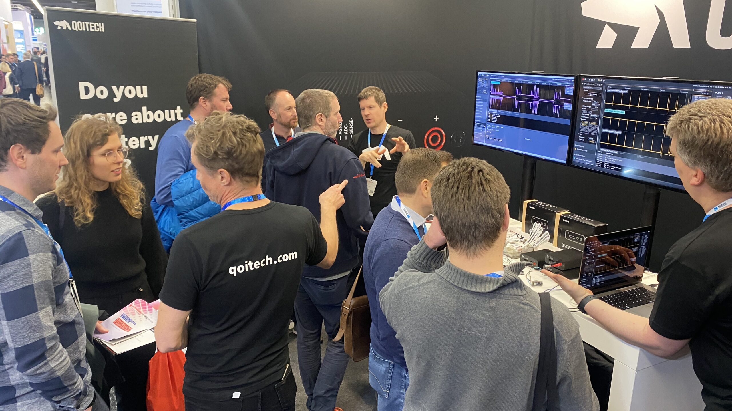 Qoitech booth at Embedded Word. Demos of power profiling and battery testing.
