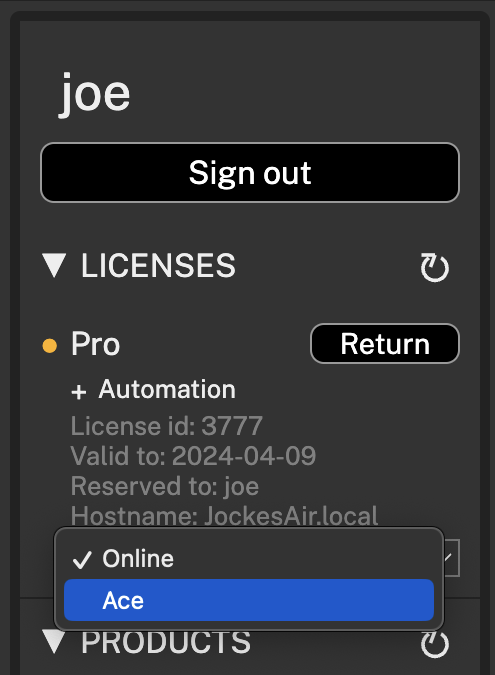 User account in Otii application where the user can change the online license to an offline licence.