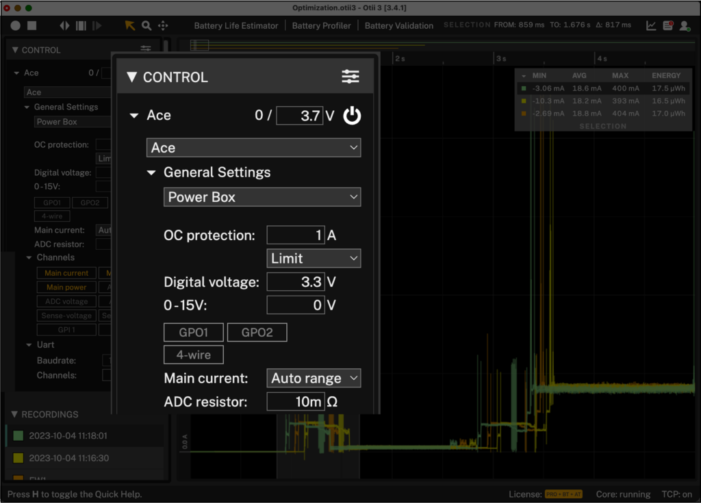 Power supply controls of Otii software application for Windows, MacOs and Ubuntu. 