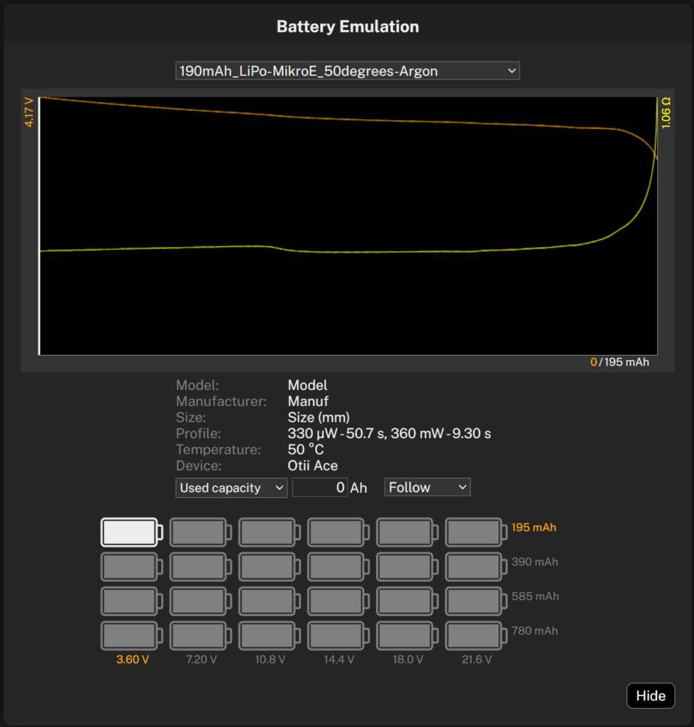 Battery emulation with OtiiBattery Toolbox. MEasured and saved battery profile can be replayed to mimic the actual usable capacity and battery behaviour.