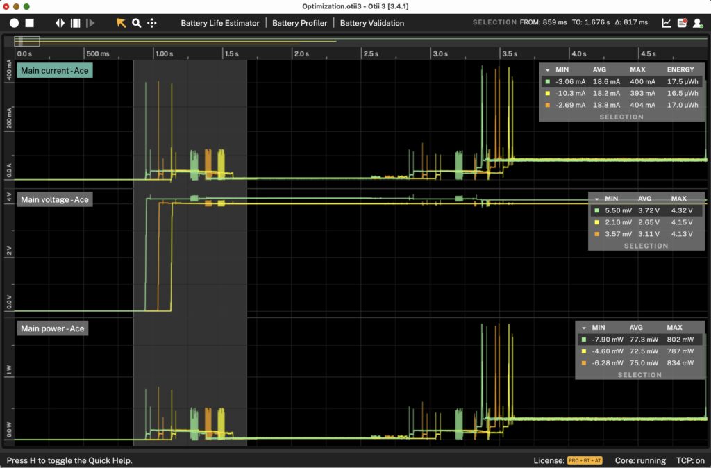 Compare power measurements in real-time with Otii Arc/Ace Pro. 