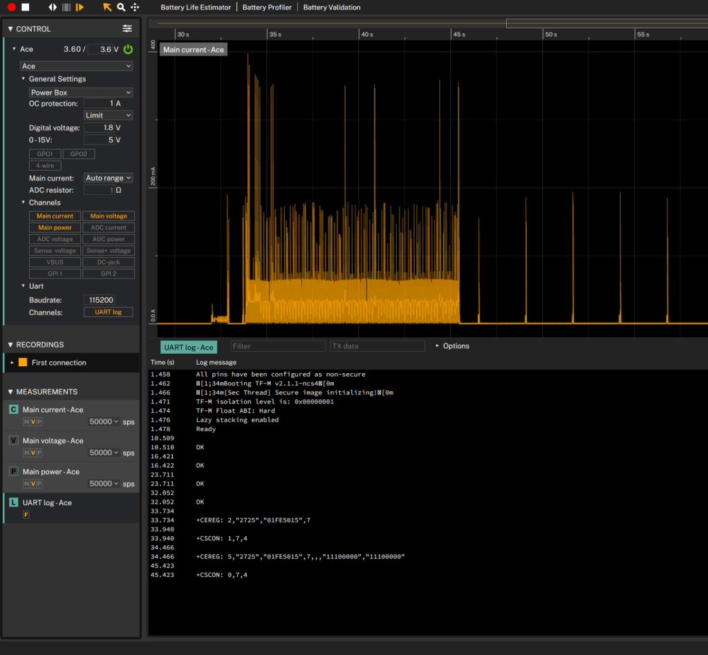 AT commands and power profile of the nRF9151-DK LTE-M eDRX power-saving mode in Otii.