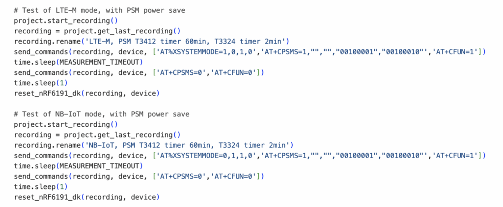 Excerpt from the Python script for testing LTE-M and NB-IoT with eDRX, PSM, and their combinations on nRF9151-DK.