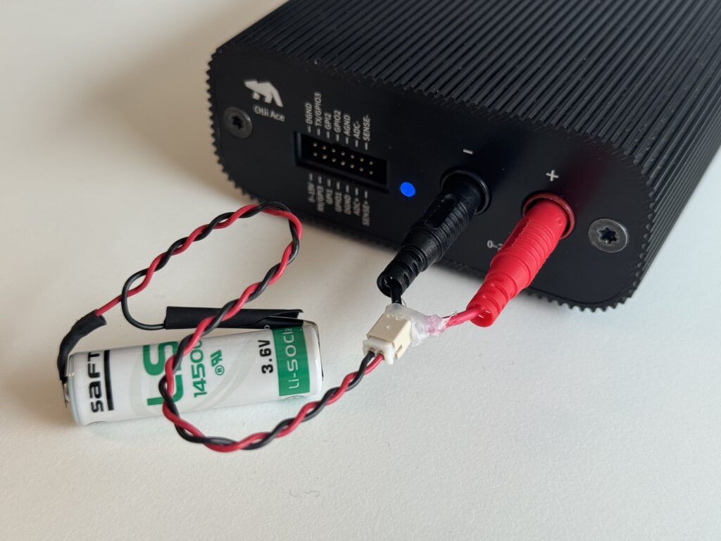 Battery passivation measurement setup with SAFT LS14500 lithium thionyl chloride battery and Otii Ace Pro.