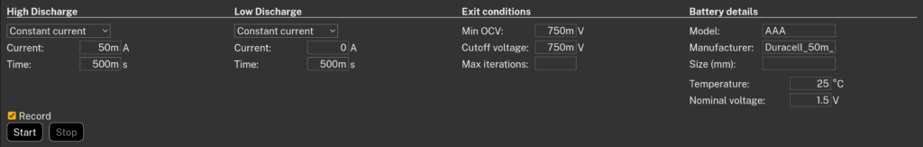 Otii Battery Toolbox setup for Battery Profiling with Pulsed 2 (50 mA for 0.5s / 0 mA