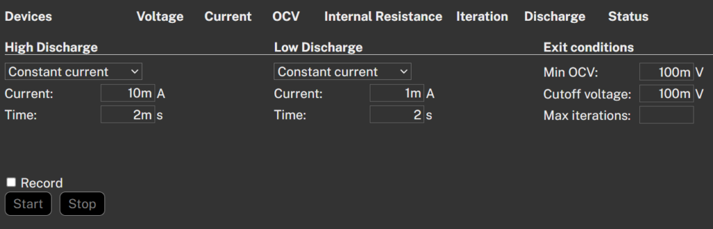 BLE power profile discharge settings in Otii